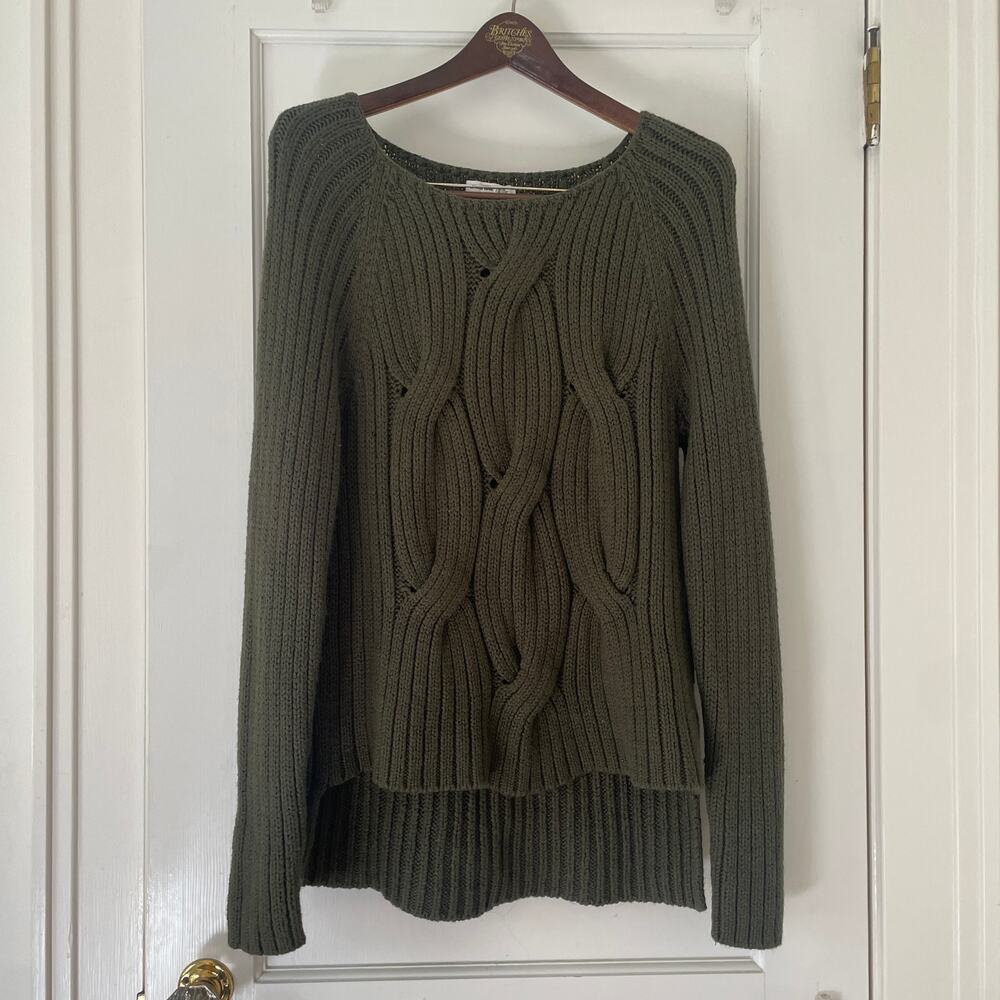 KF/KaufmanFranco Collective Olive Cable Knit Sweater Size Large High Low Wool - Picture 2 of 8